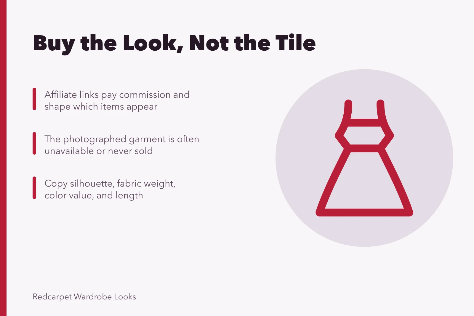 Card explaining shop-the-look affiliate rows and buying a look's properties. Buying the properties of a look instead of the exact product tile