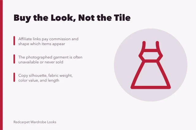 Card explaining shop-the-look affiliate rows and buying a look's properties. Buying the properties of a look instead of the exact product tile