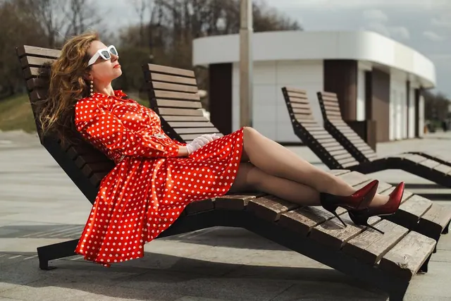 woman, polka-dot dress, retro, vintage, red dress, classic, cocktail dress, pose, model, vintage fashion, retro style, embankment, river, moscow river, portrait, glasses, sunbed, d. How to Authenticate a Vintage Red Carpet Dress Before You Bid