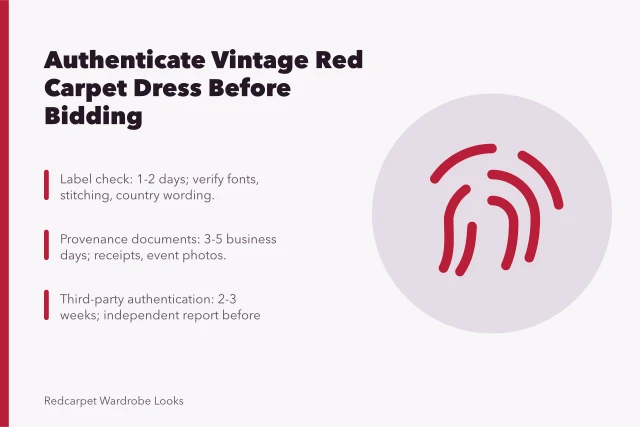 Vintage red carpet dress authentication checklist with three phases. How to Authenticate a Vintage Red Carpet Dress Before You Bid