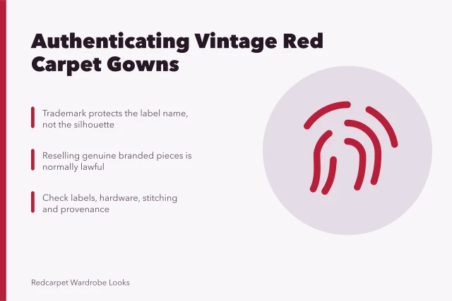Vintage gown label and hardware authentication for red carpet pieces. How to authenticate vintage red carpet pieces under US trademark law