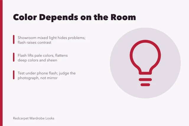 Card: color shifts across showroom, flash, and broadcast lighting. Why a best celebrity color season brand does not exist: it depends on the room