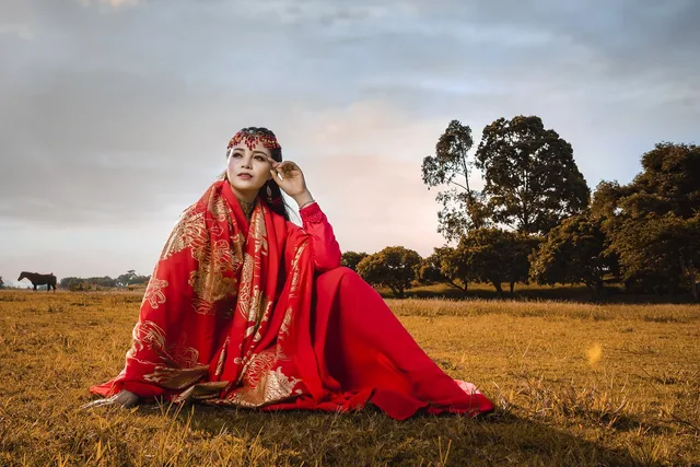 woman, sunset, costume, meadow, grass, chiffon fabric, national, vietnam, vietnamese, hanoi, ancient costume, asia, outside, cosplay, sunshine, sun, nature, summer, outdoor, sunny, sky, landscape, cosplay, cosplay, cosplay, cosplay, cosplay, sunshine, sunshine, sun. Celebrity costumes examples: production rules and event looks
