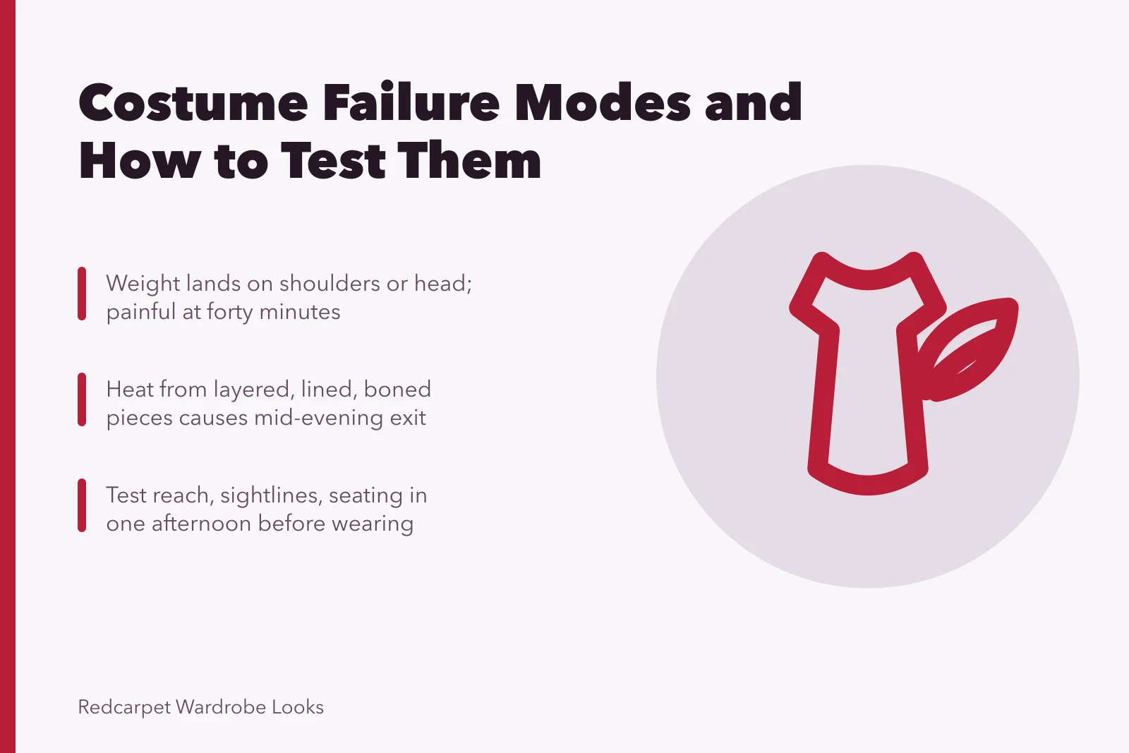 Costume failure modes: weight, heat, reach, sightlines, seating tested before wearing. Celebrity costumes mistakes that experienced operators still make