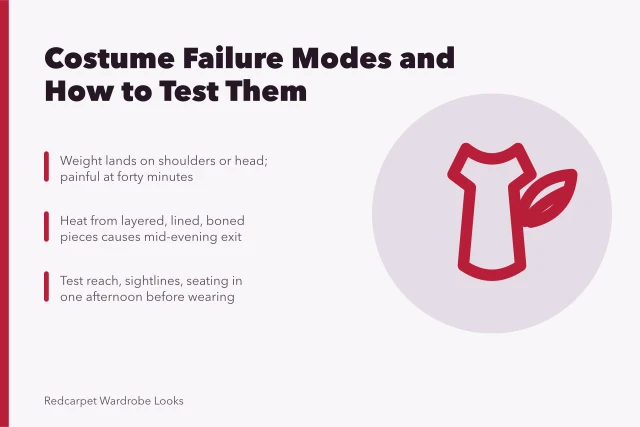 Costume failure modes: weight, heat, reach, sightlines, seating tested before wearing. Celebrity costumes mistakes that experienced operators still make