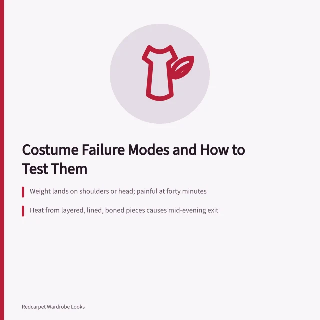 Costume failure modes: weight, heat, reach, sightlines, seating tested before wearing. Celebrity costumes mistakes that experienced operators still make