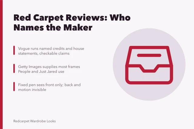 Red carpet gown review sourcing compared across Vogue, Times, People, Just Jared. Celebrity costume reviews compared: honest claims versus pipeline reality