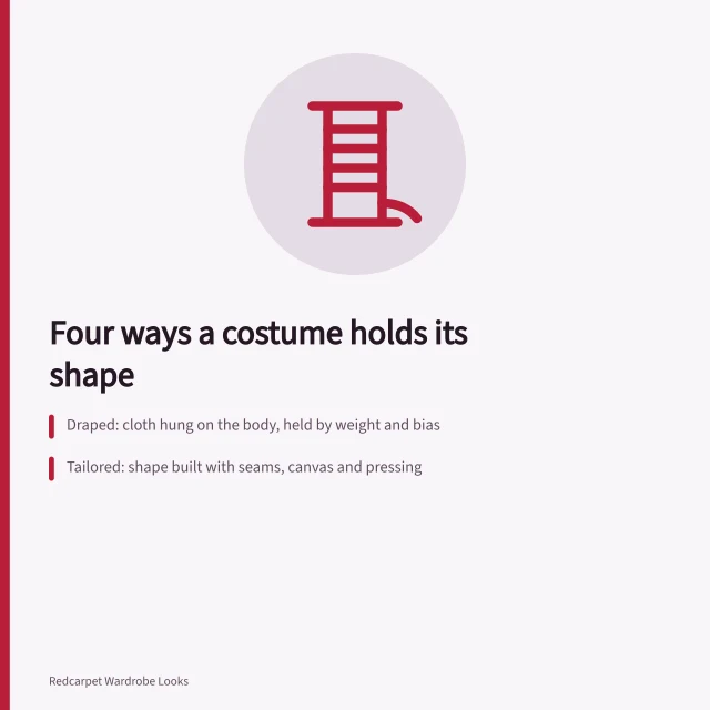 Costume construction methods: draped, tailored and framed shapes held in a workroom. Four ways a celebrity costume holds its shape, from workroom to fitting