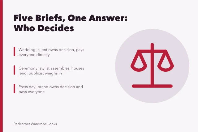 Card on who decides and pays across five fashion briefs. Five briefs, one answer: what designers and stylists actually do