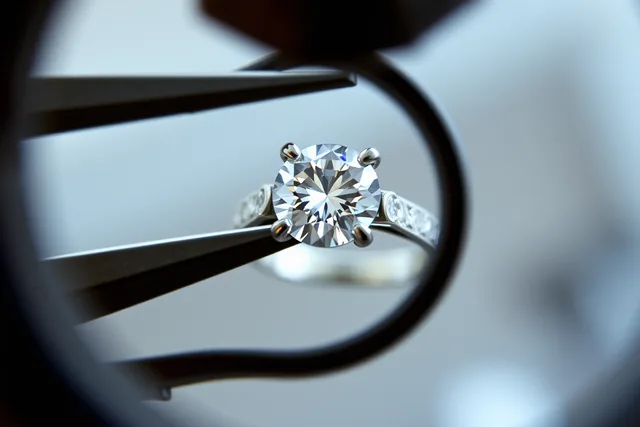Engagement ring held in tweezers under a loupe during inspection. Where the money sits: an engagement ring purchase, broken down