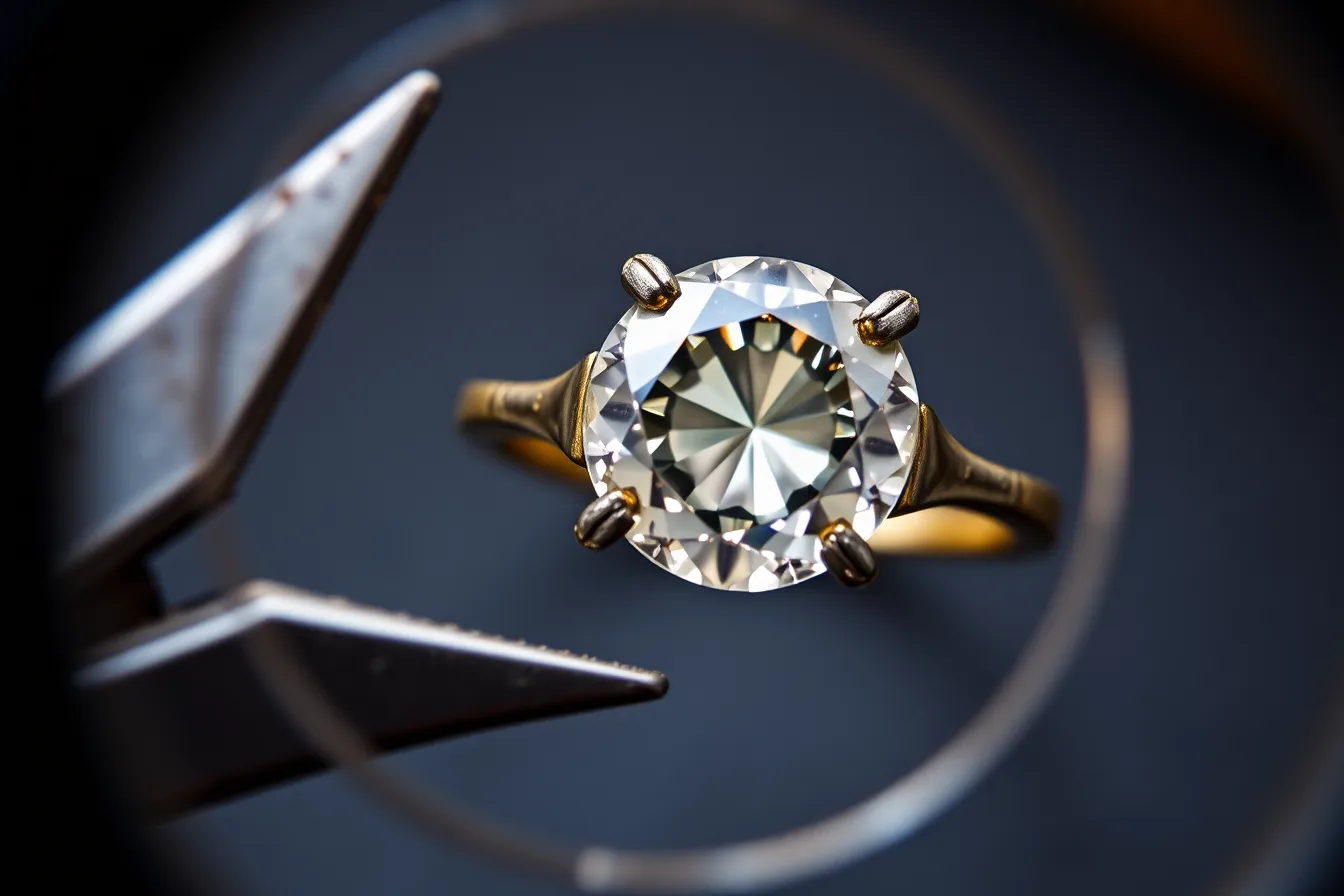 Antique engagement ring under a jeweller's loupe showing old cut stone and hallmarks. Dating an engagement ring from cut, marks, and wear alone