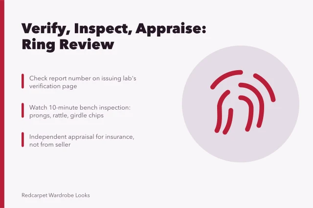 Engagement ring review: verify report, bench inspection, independent appraisal. An engagement ring review compared to a real bench inspection