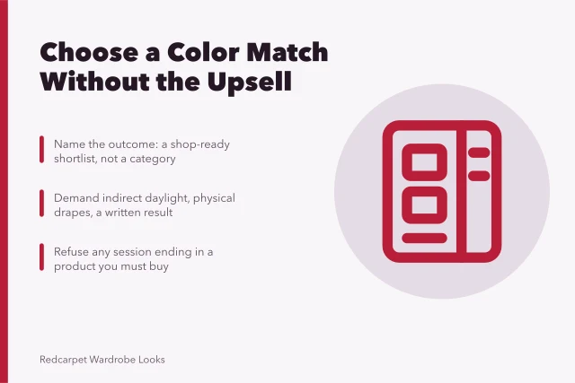 Color draping session guide: daylight, physical drapes, written shortlist. How to choose a color match without falling for the sales upsell