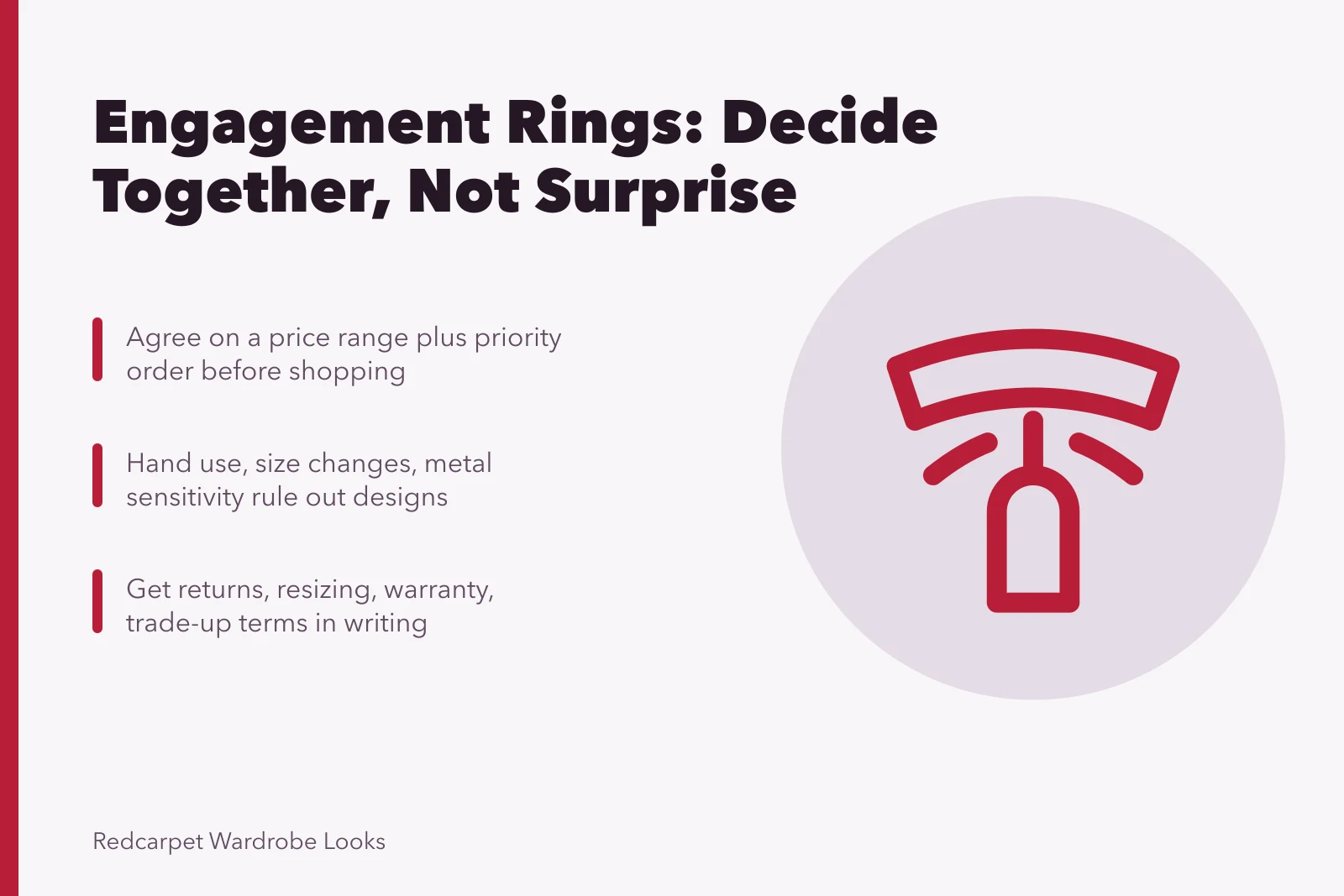 Engagement ring buying guide: shared budget, hard constraints, written terms. How to choose engagement rings as a shared decision, not a surprise