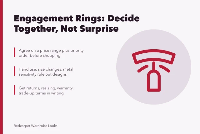 Engagement ring buying guide: shared budget, hard constraints, written terms. How to choose engagement rings as a shared decision, not a surprise