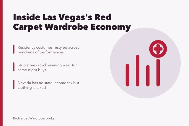 Card summarizing Las Vegas red carpet wardrobe economy and Nevada tax rules. Inside the Las Vegas red carpet economy, from residencies to retail