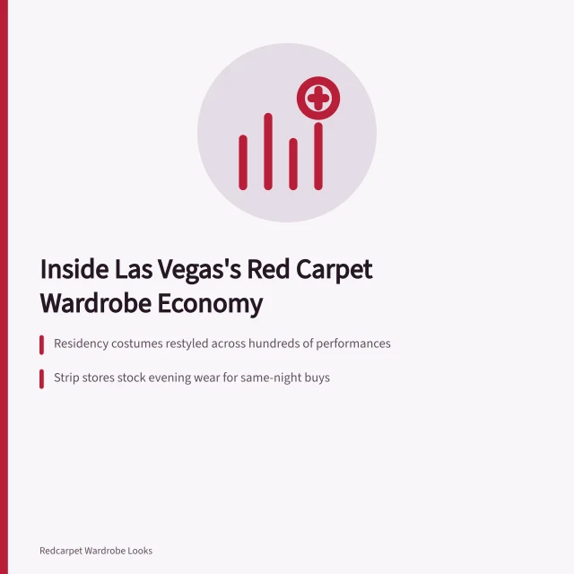 Card summarizing Las Vegas red carpet wardrobe economy and Nevada tax rules. Inside the Las Vegas red carpet economy, from residencies to retail
