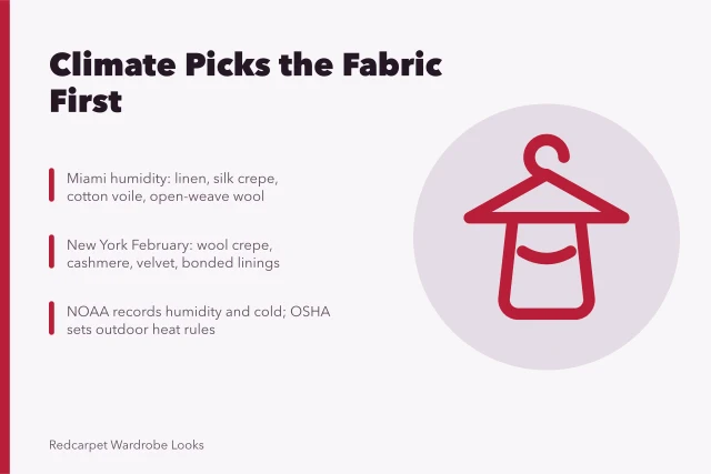 Red carpet gown fabrics chosen for Miami humidity and New York winter cold. How Miami humidity and New York winters shape red carpet fabric choices