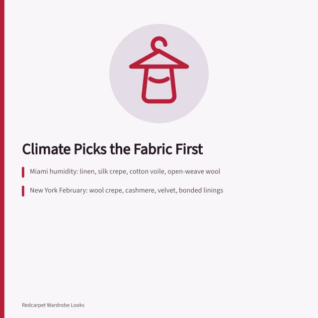 Red carpet gown fabrics chosen for Miami humidity and New York winter cold. How Miami humidity and New York winters shape red carpet fabric choices