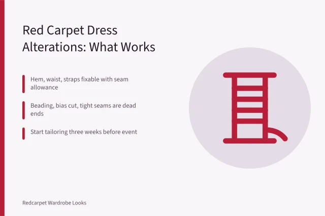 Red carpet dress alterations guide with timeline, costs, and fixable zones. Red Carpet Dress Alterations: What a Tailor Can and Cannot Fix Before the Event