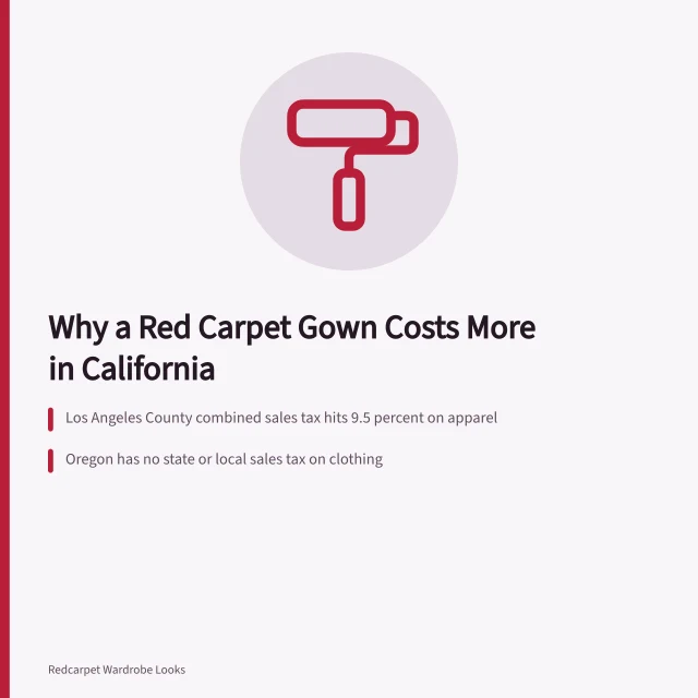 Sales tax comparison card for red carpet gown prices in California and Oregon. Why does a red carpet look cost more in California than in Oregon?
