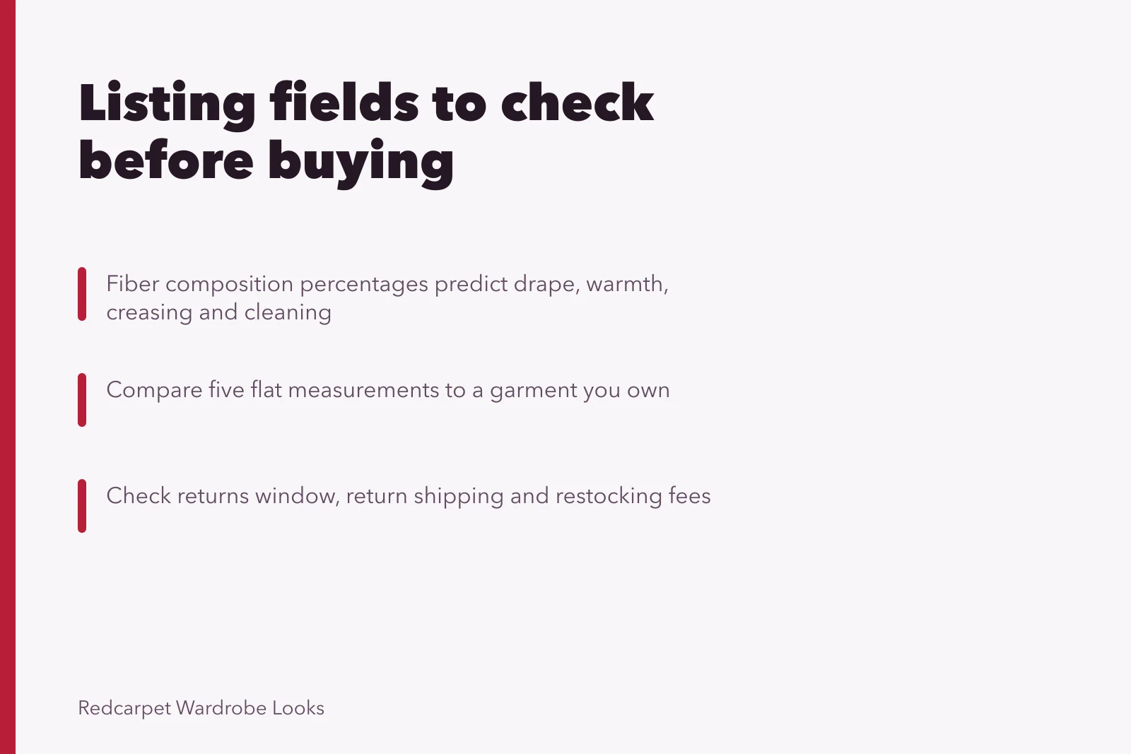 Checklist of listing fields, flat measurements and return terms. A shop-the-look checklist for the listing fields that actually matter