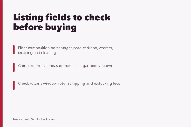 Checklist of listing fields, flat measurements and return terms. A shop-the-look checklist for the listing fields that actually matter