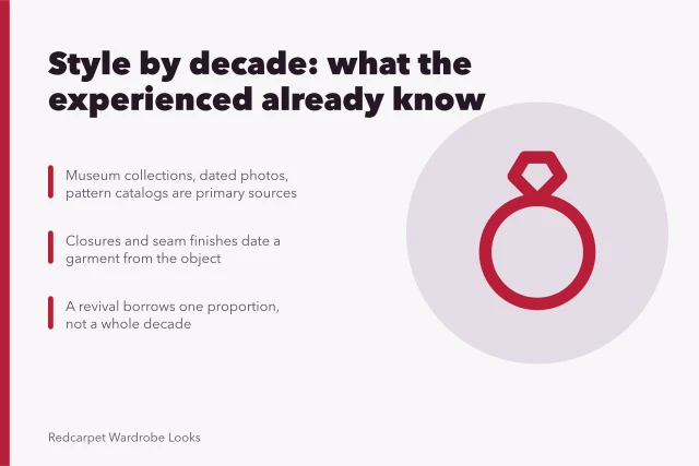 Decade-by-decade guide to dating vintage garments from construction details. Style by decade: what the experienced already know