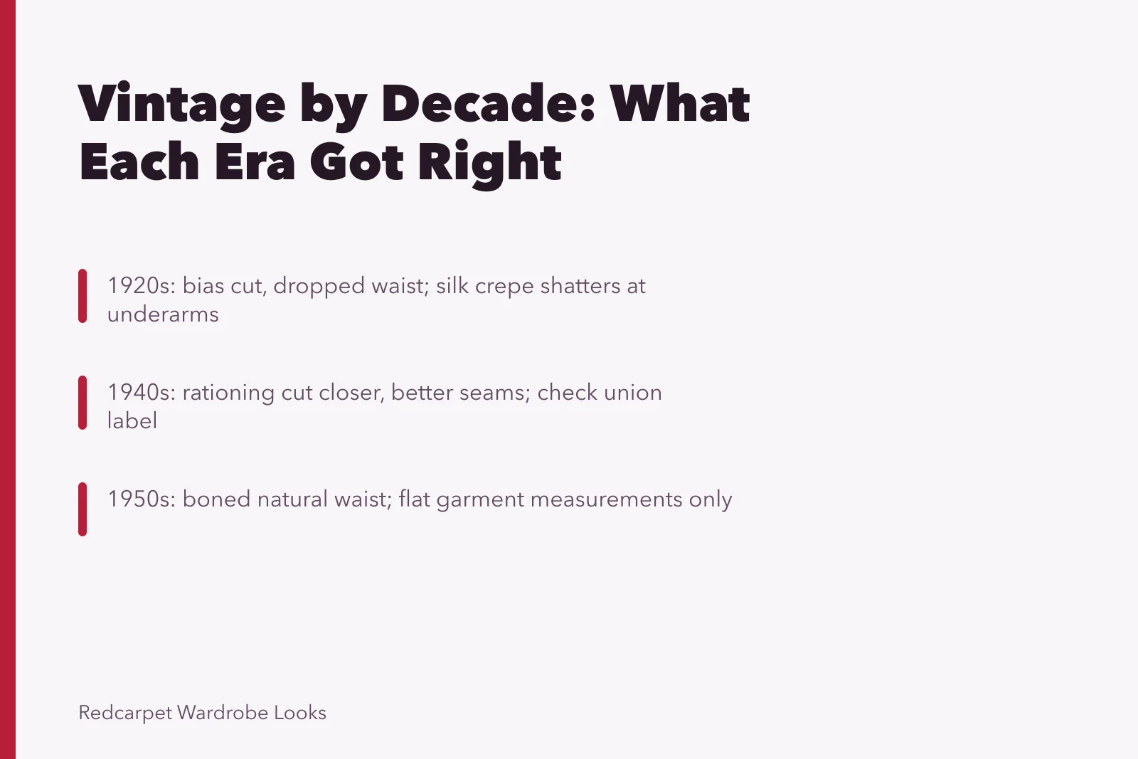 Decade-by-decade vintage clothing buying guide card with era strengths. Style by decade reviews sorted by what they got right