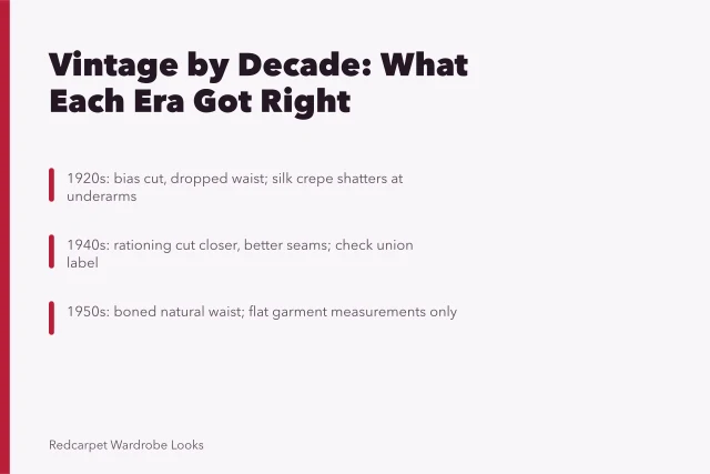 Decade-by-decade vintage clothing buying guide card with era strengths. Style by decade reviews sorted by what they got right