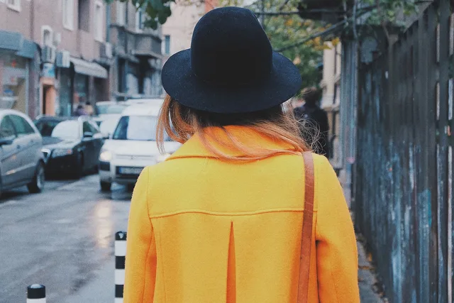 woman, back, hat, coat, yellow coat, trench coat, fashion, style, stylish woman, young, walking, city, urban, female, street, outdoors, back, back, coat, coat, coat, coat, coat, trench coat, walking, walking, walking. Vancouver Red Carpet Rain: Outerwear That Still Photographs