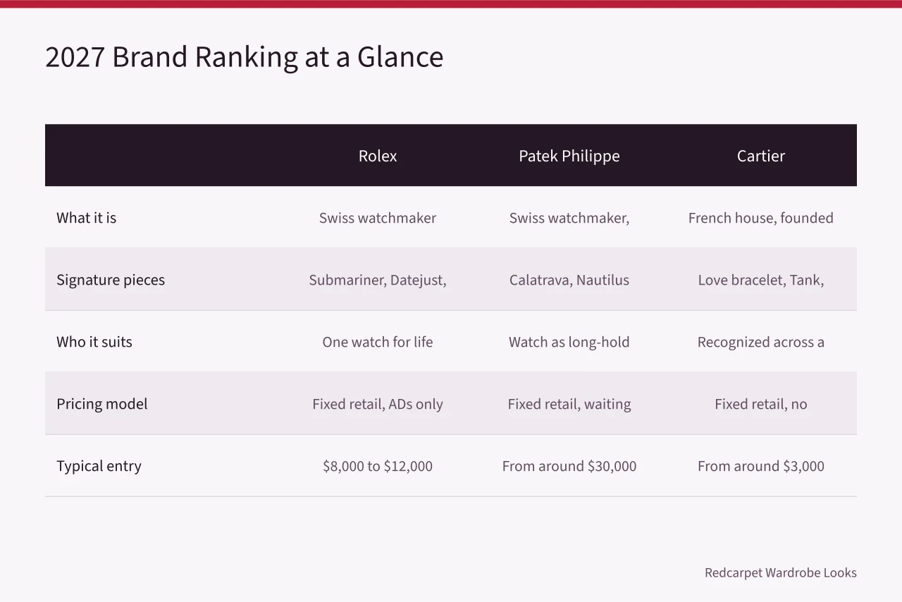 Comparison table of Rolex, Patek Philippe and Cartier across five buying criteria (Which jewelry and watch brands actually deserve the price, in 2027?)