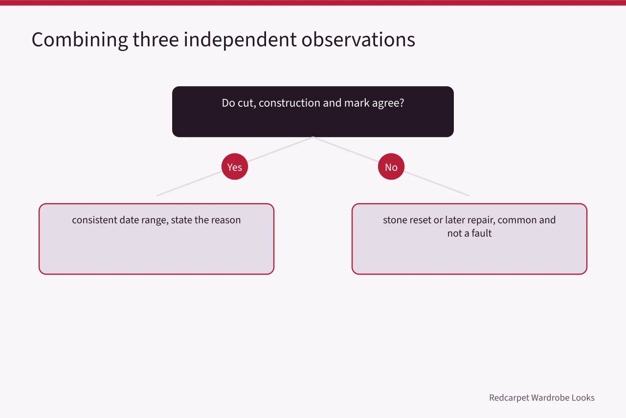 Decision flow for combining cut, construction and mark evidence (Dating an engagement ring from cut, marks, and wear alone)
