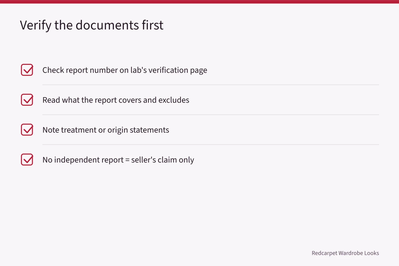 Checklist for verifying a diamond report before travel (An engagement ring review compared to a real bench inspection)