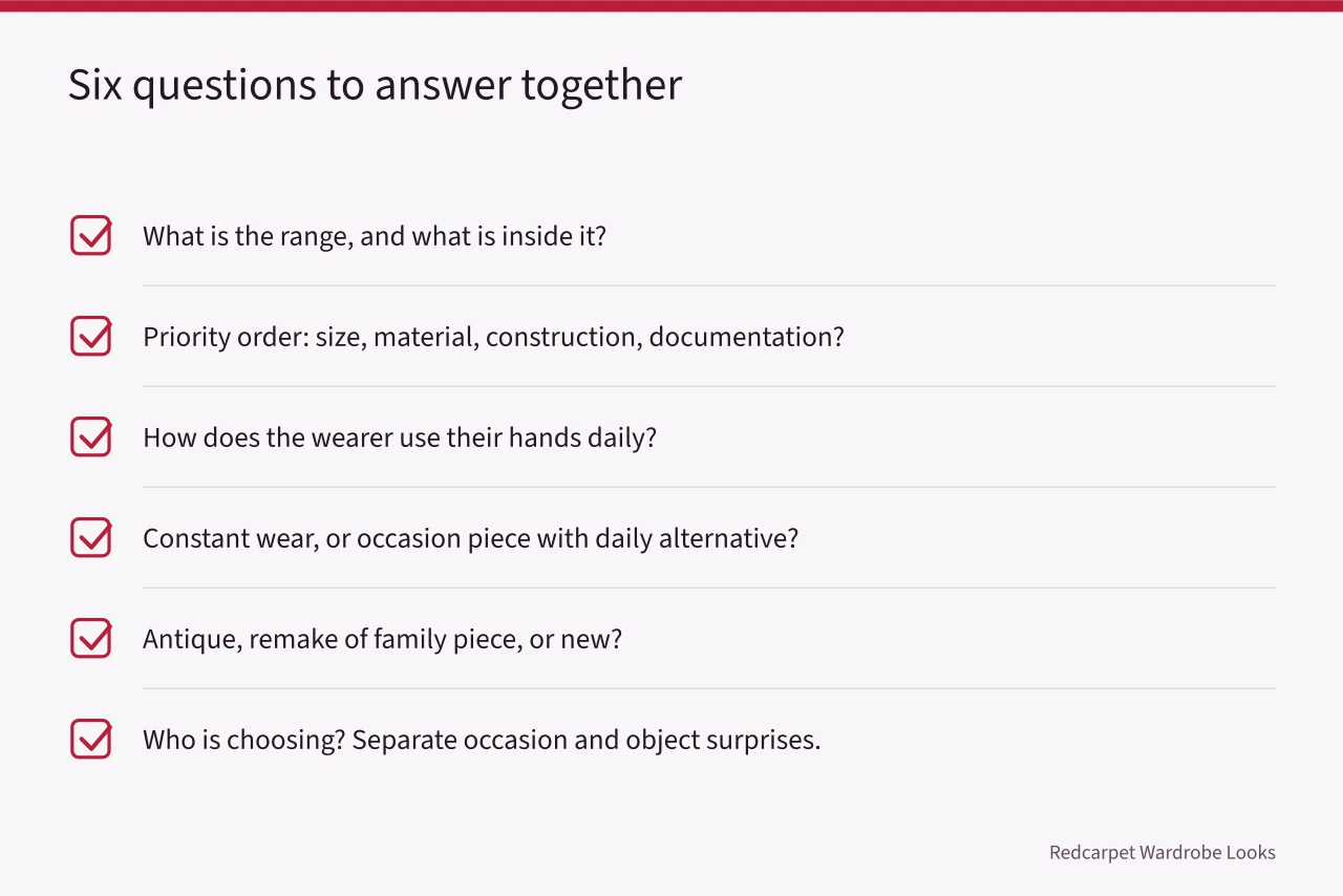 Checklist of six engagement ring questions to answer together (How to choose engagement rings as a shared decision, not a surprise)