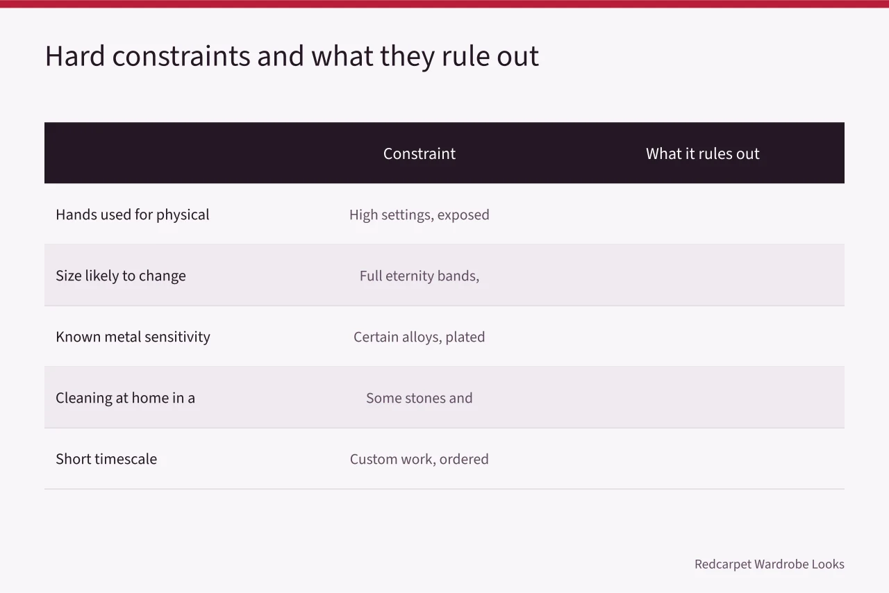 Table of hard constraints and the ring designs they rule out (How to choose engagement rings as a shared decision, not a surprise)